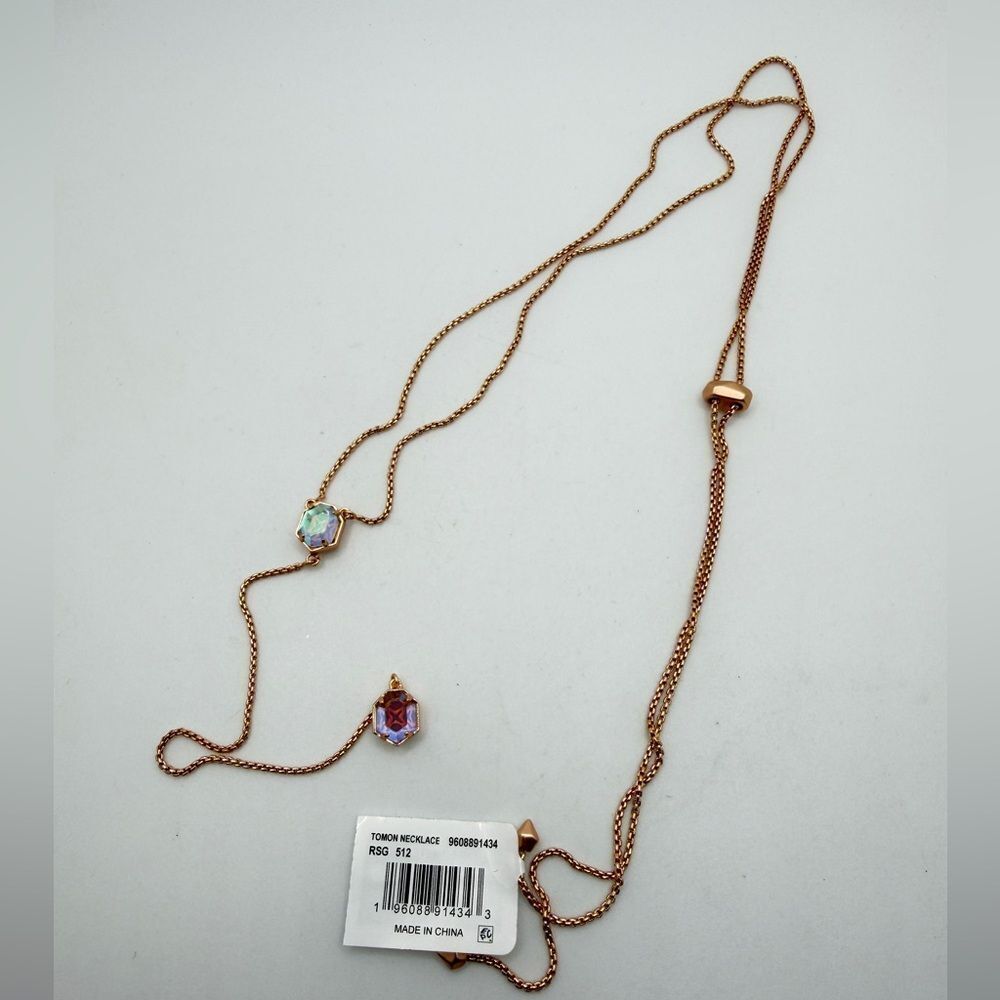 NWT Kendra Scott "Tomon" lariat Necklace in rose gold metal w/ dichroic glass! - Picture 10 of 13